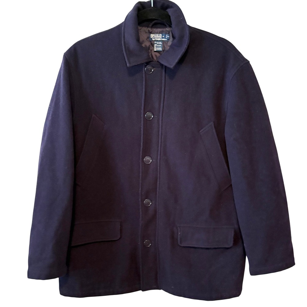 Polo Ralph Lauren Navy Wool Blend Zip Winter Prep‎ Peacoat in Size L
